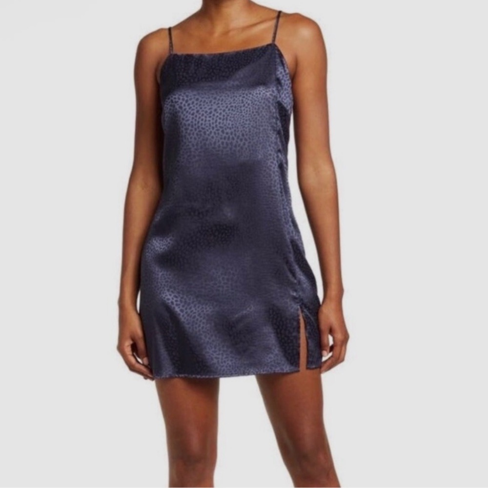 NWT Sophie Rue Navy Blue Leopard Satin Square Neck Sleeveless Mini Slip Dress